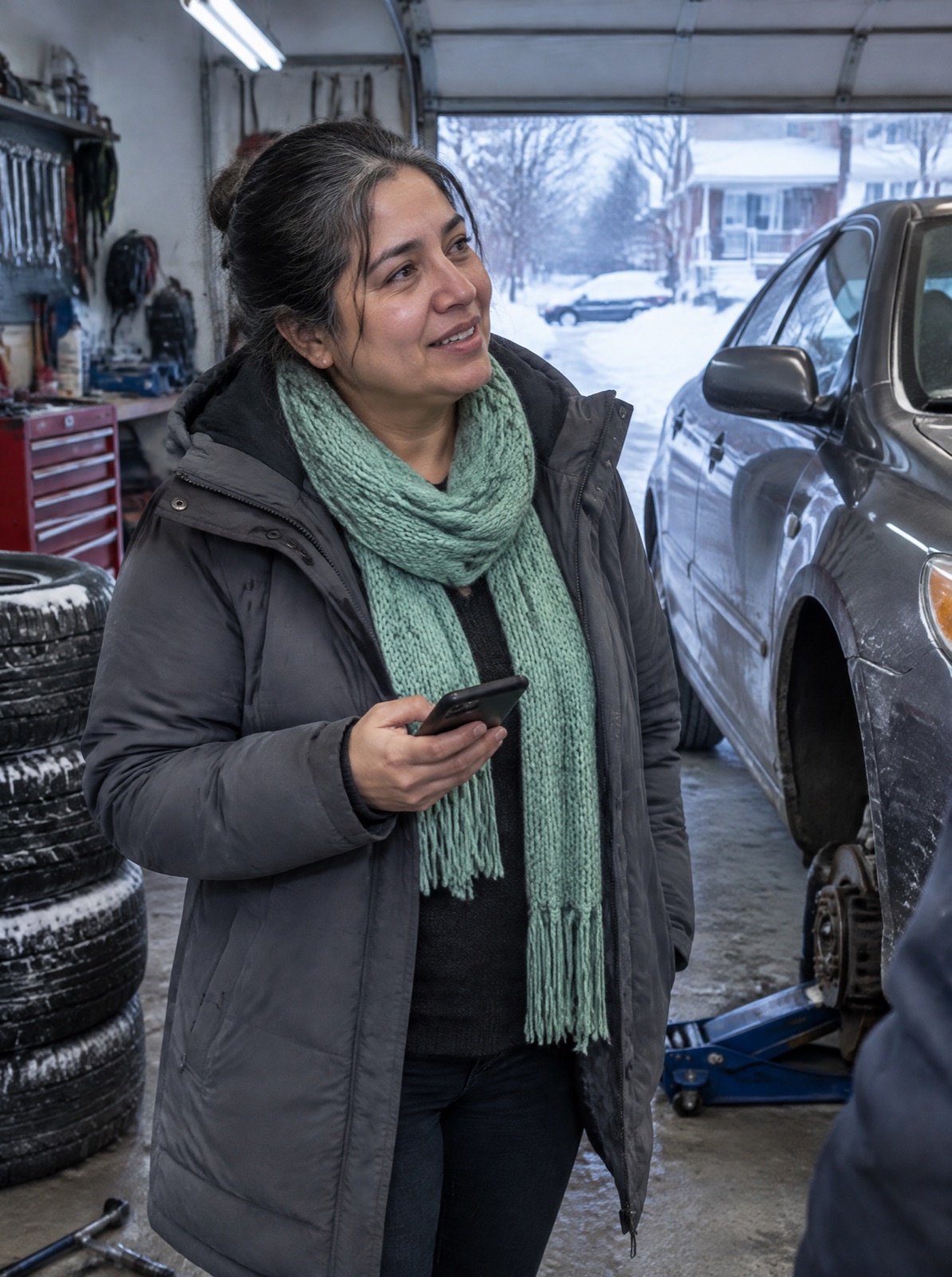 Femme dans un garage de quartier à côté de sa voiture