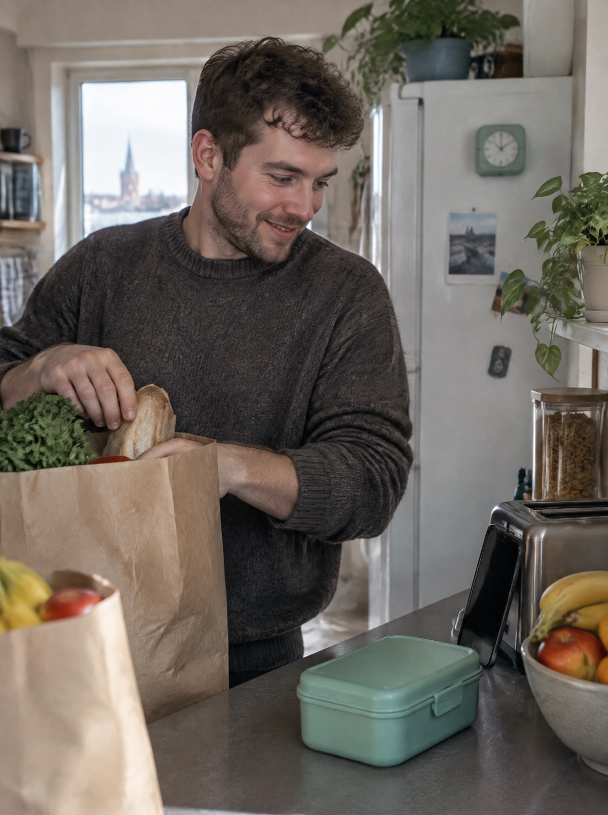 Jeune homme rangeant son épicerie dans sa cuisine